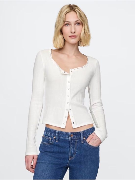 GAP Tops - NWT- GAP Long Sleeve Pointelle Crop White  Snap Button Cardigan Size XS Women’s